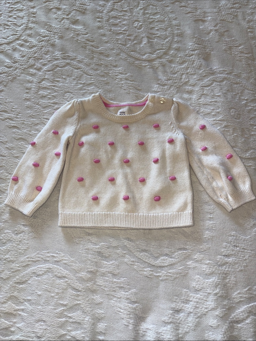 Baby Gap Cream Sweater with Pink Pom-Pom Accents EUC 12-18mo
